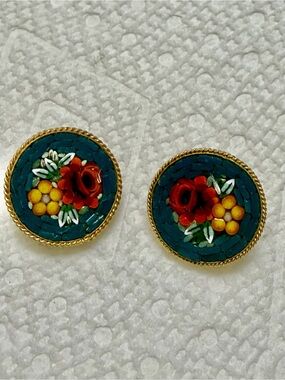 Teal Floral Micro-Mosaic Round Clip-On Earrings #mo803